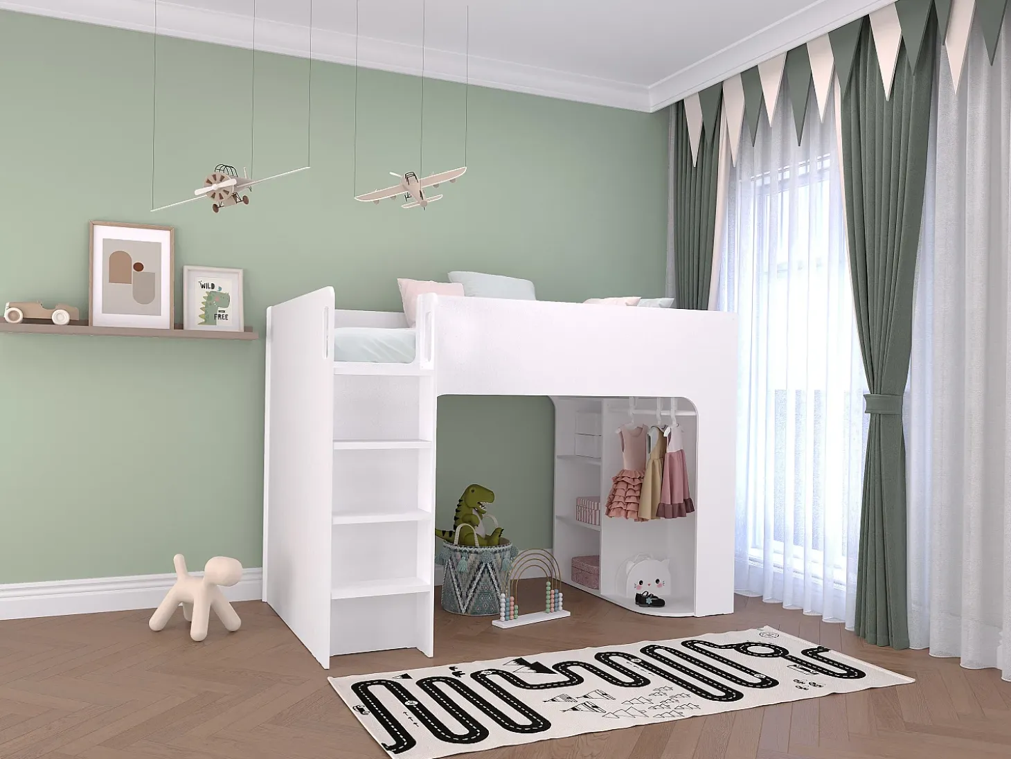 Cama alta de 90 x 190 cm com arrumação, branca + colchão - COLUMI