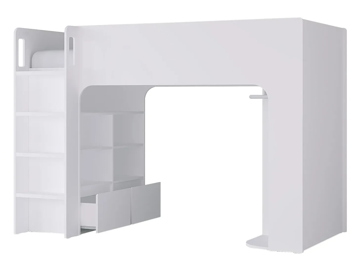 Cama alta de 90 x 190 cm com arrumação, branca + colchão - COLUMI