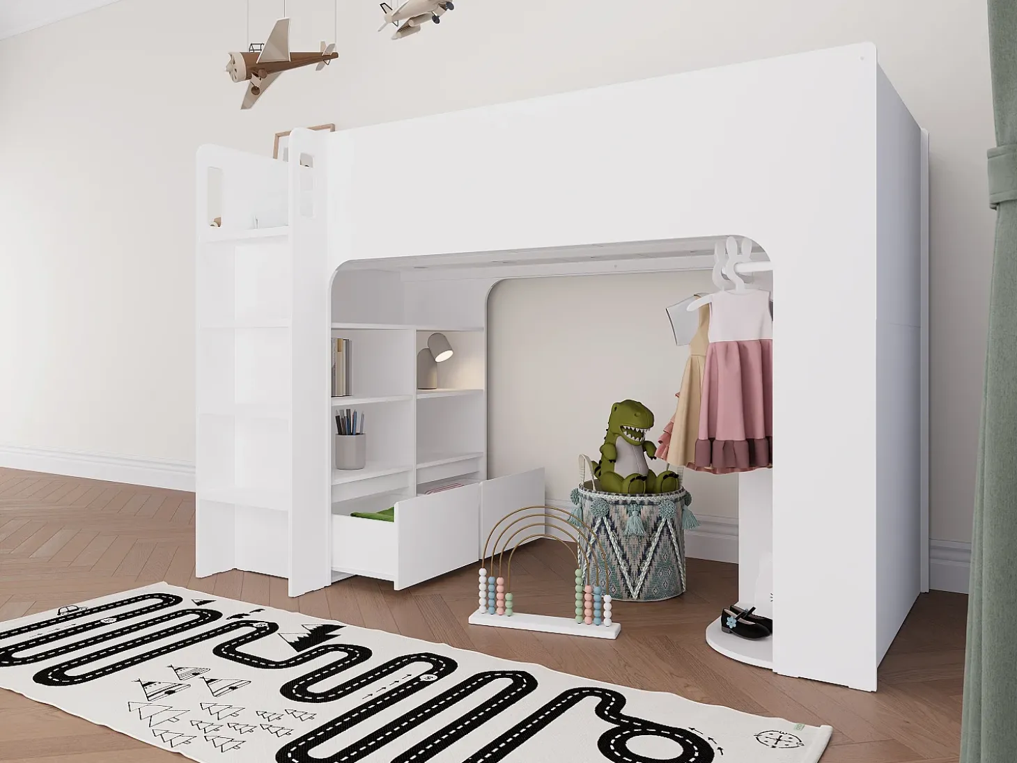 Cama alta de 90 x 190 cm com arrumação, branca + colchão - COLUMI