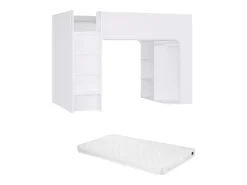 Cama alta de 90 x 190 cm com arrumação, branca + colchão - COLUMI