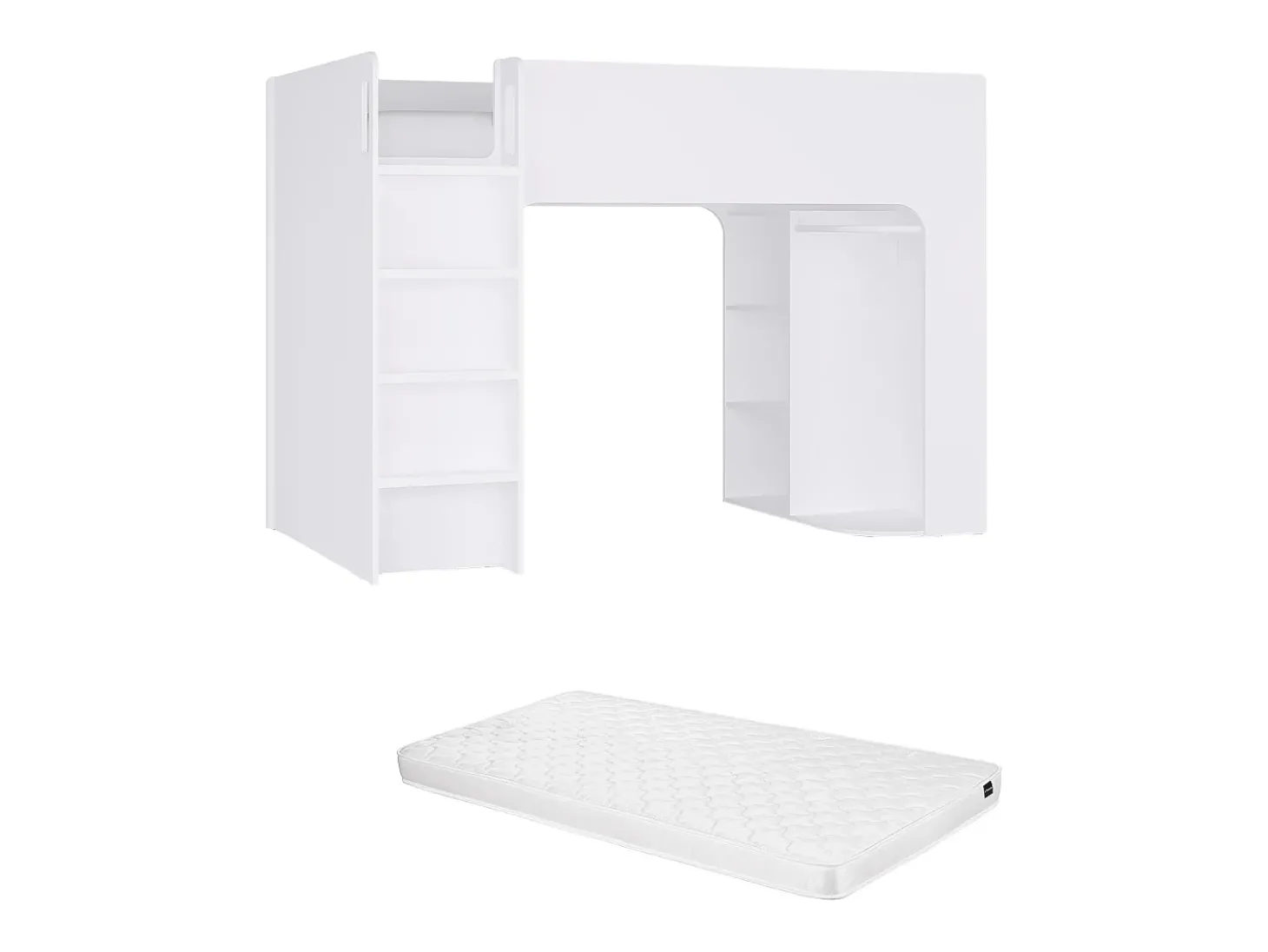 Cama alta de 90 x 190 cm com arrumação, branca + colchão - COLUMI