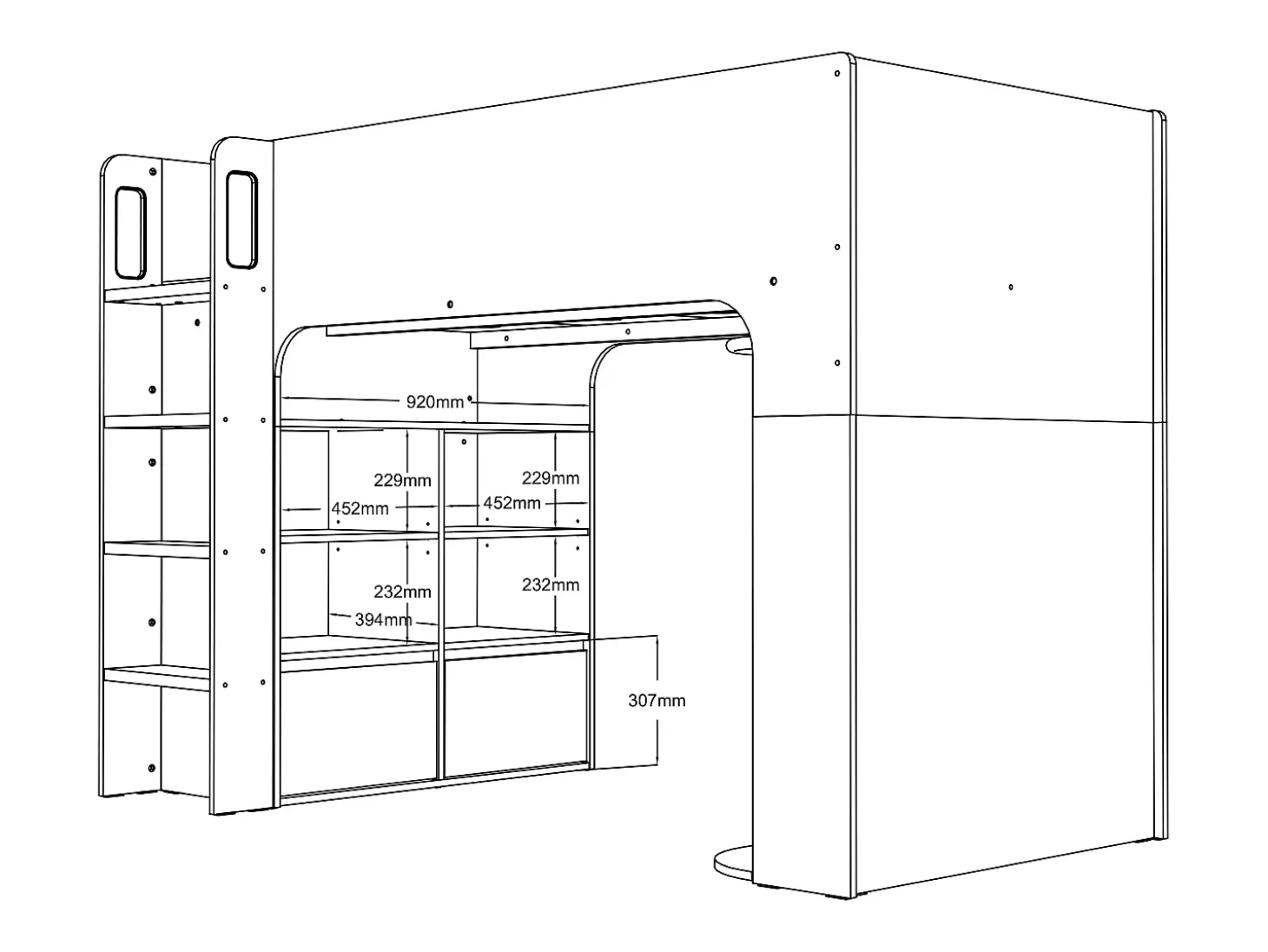 Cama alta de 90 x 190 cm com arrumação, branca + colchão - COLUMI