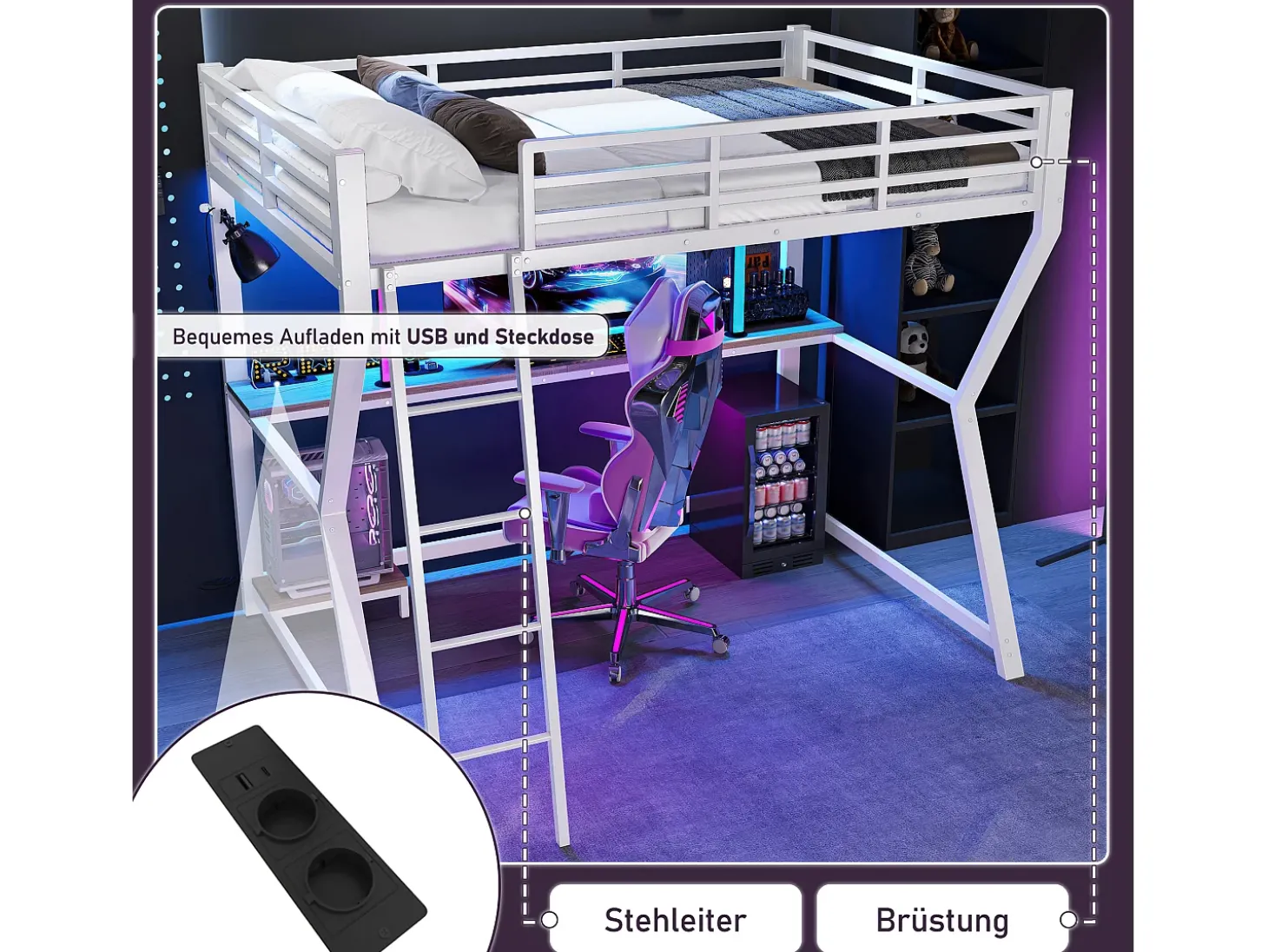 Cama alta de 90 x 200 cm com escrivaninha, tomada elétrica + porta USB e prateleiras - Iluminação ambiente - Metal - Branca (colchão não incluído)