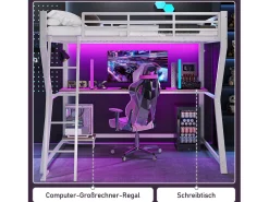 Cama alta de 90 x 200 cm com escrivaninha, tomada elétrica + porta USB e prateleiras - Iluminação ambiente - Metal - Branca (colchão não incluído)