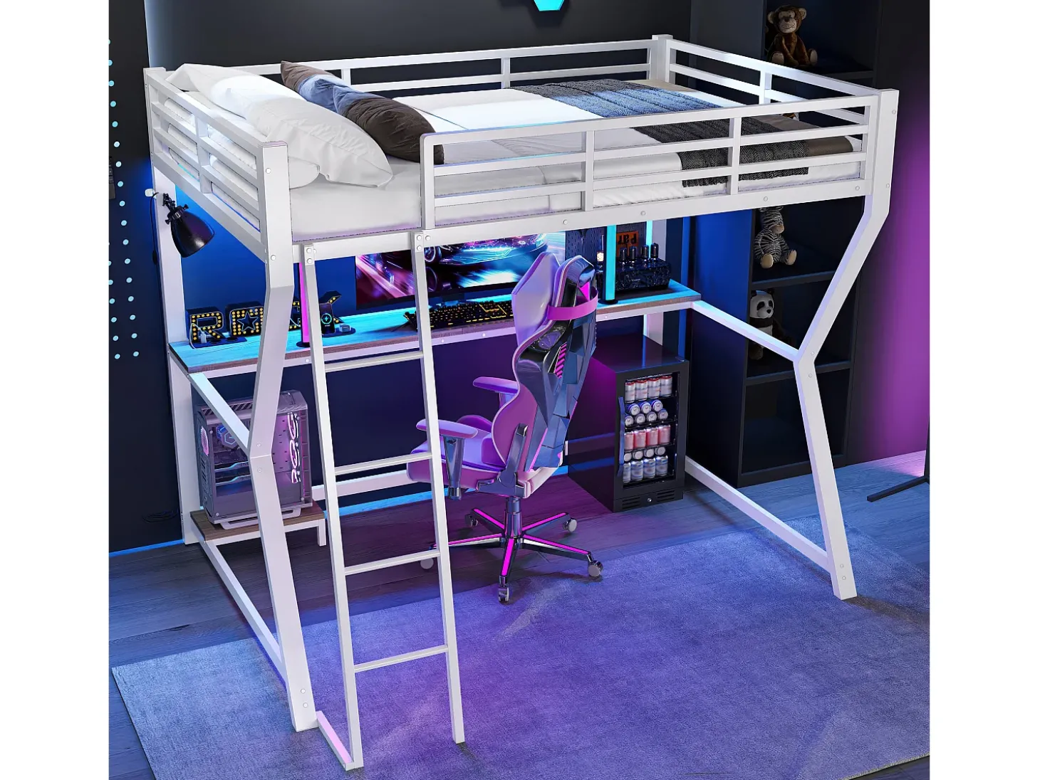 Cama alta de 90 x 200 cm com escrivaninha, tomada elétrica + porta USB e prateleiras - Iluminação ambiente - Metal - Branca (colchão não incluído)
