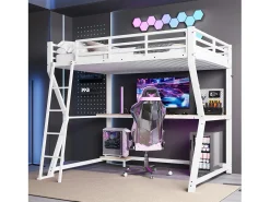 Cama alta de 90 x 200 cm com escrivaninha, tomada elétrica + porta USB e prateleiras - Iluminação ambiente - Metal - Branca (colchão não incluído)