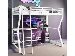 Cama alta de 90 x 200 cm com escrivaninha, tomada elétrica + porta USB e prateleiras - Iluminação ambiente - Metal - Branca (colchão não incluído)