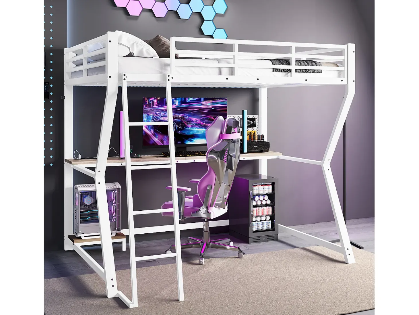 Cama alta de 90 x 200 cm com escrivaninha, tomada elétrica + porta USB e prateleiras - Iluminação ambiente - Metal - Branca (colchão não incluído)