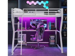 Cama alta de 90 x 200 cm com escrivaninha, tomada elétrica + porta USB e prateleiras - Iluminação ambiente - Metal - Branca (colchão não incluído)