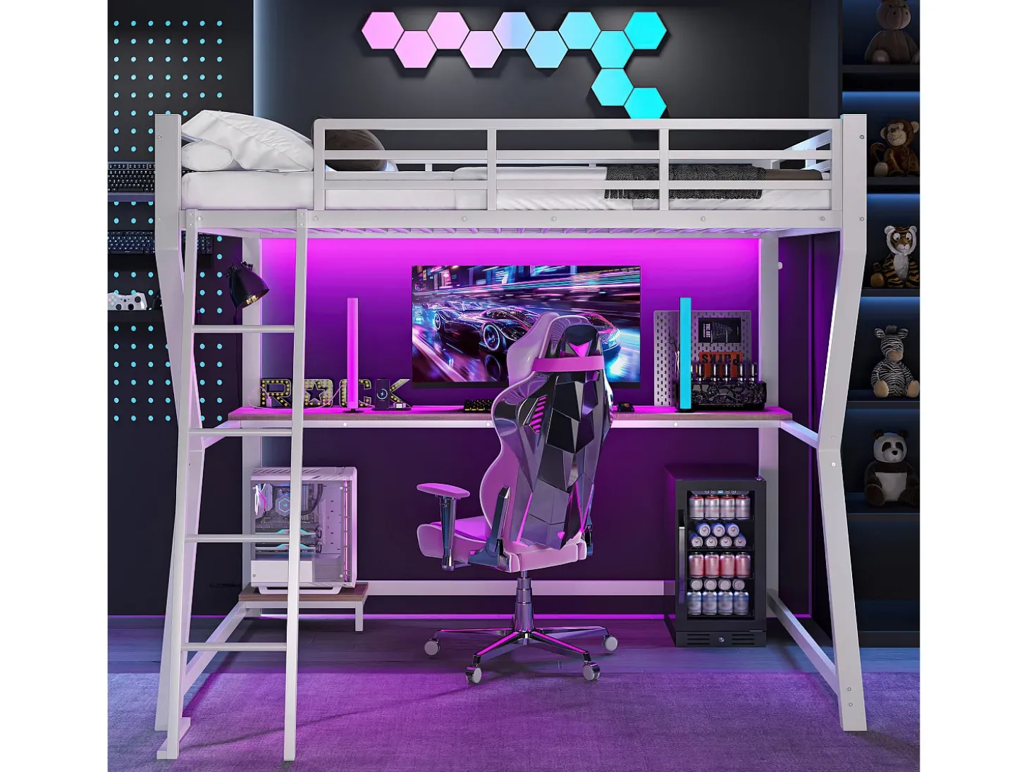 Cama alta de 90 x 200 cm com escrivaninha, tomada elétrica + porta USB e prateleiras - Iluminação ambiente - Metal - Branca (colchão não incluído)