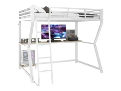 Cama alta de 90 x 200 cm com escrivaninha, tomada elétrica + porta USB e prateleiras - Iluminação ambiente - Metal - Branca (colchão não incluído)