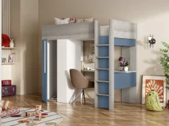 Cama alta de 90 x 200 cm com guarda-roupa e escrivaninha, azul e branca - NICOLAS