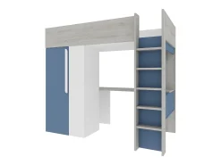 Cama alta de 90 x 200 cm com guarda-roupa e escrivaninha, azul e branca - NICOLAS