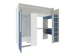 Cama alta de 90 x 200 cm com guarda-roupa e escrivaninha, azul e branca - NICOLAS