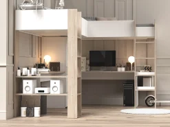 Cama alta de canto 2 x 90 x 200 cm com arrumação e secretárias branco e natural - LASCANO