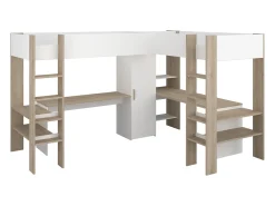 Cama alta de canto 2 x 90 x 200 cm com arrumação e secretárias branco e natural - LASCANO
