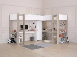 Cama alta de canto 2 x 90 x 200 cm com arrumação e secretárias branco e natural - LASCANO