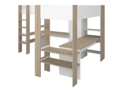 Cama alta de canto 2 x 90 x 200 cm com arrumação e secretárias branco e natural - LASCANO