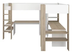 Cama alta de canto 2 x 90 x 200 cm com arrumação e secretárias branco e natural - LASCANO