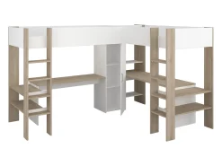 Cama alta de canto 2 x 90 x 200 cm com arrumação e secretárias branco e natural - LASCANO