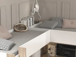 Cama alta de canto 2 x 90 x 200 cm com arrumação e secretárias branco e natural - LASCANO