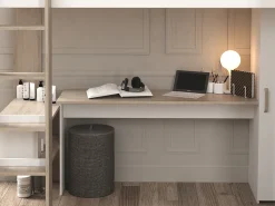 Cama alta de canto 2 x 90 x 200 cm com arrumação e secretárias branco e natural - LASCANO