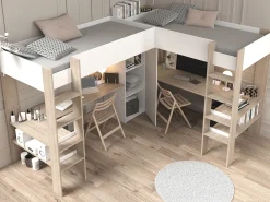 Cama alta de canto 2 x 90 x 200 cm com arrumação e secretárias branco e natural - LASCANO