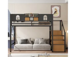 Cama alta de metal - 140 x 200 cm - com escada de armazenamento + janela + grades - preta