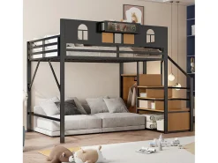 Cama alta de metal - 140 x 200 cm - com escada de armazenamento + janela + grades - preta
