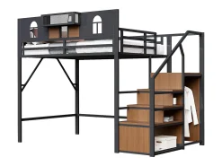 Cama alta de metal - 140 x 200 cm - com escada de armazenamento + janela + grades - preta