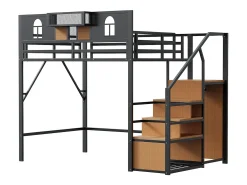 Cama alta de metal - 140 x 200 cm - com escada de armazenamento + janela + grades - preta