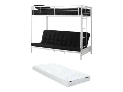 Cama alta de metal branco de 90 x 190 cm com sofá-cama conversível + futon + colchão MODULO V