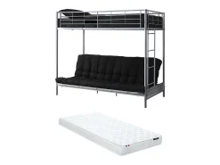 Cama alta de metal prateado de 90 x 190 cm com sofá-cama conversível + futon + colchão MODULO V