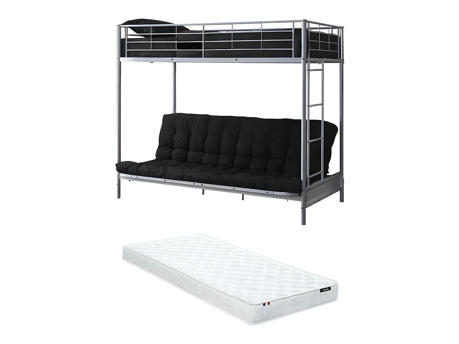 Cama alta de metal prateado de 90 x 190 cm com sofá-cama conversível + futon + colchão MODULO V