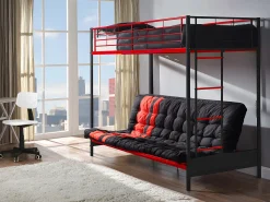Cama alta de metal preta e vermelha de 90 x 190 cm com sofá-cama conversível + colchão futon MODULO V