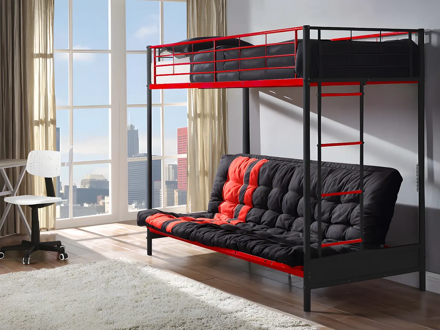 Cama alta de metal preta e vermelha de 90 x 190 cm com sofá-cama conversível + colchão futon MODULO V