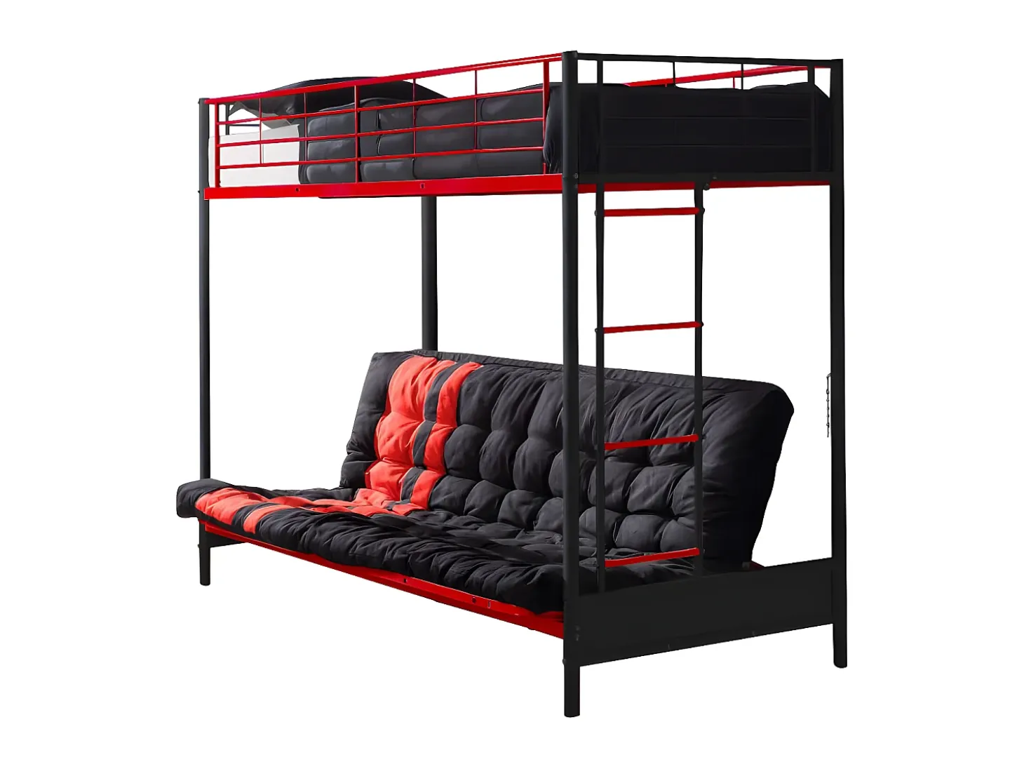Cama alta de metal preta e vermelha de 90 x 190 cm com sofá-cama conversível + colchão futon MODULO V