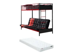 Cama alta de metal preta e vermelha de 90 x 190 cm com sofá-cama conversível + colchão futon MODULO V