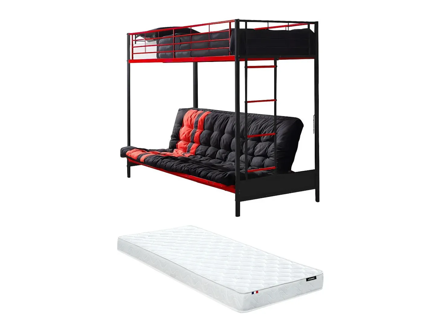 Cama alta de metal preta e vermelha de 90 x 190 cm com sofá-cama conversível + colchão futon MODULO V