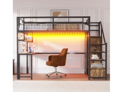 Cama alta de metal 140x200 cm - con iluminação LED e tomadas - com escada com armazenamento - com guarda-roupa - armazenamento e mesa - preto