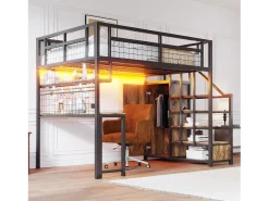 Cama alta de metal 140x200 cm - con iluminação LED e tomadas - com escada com armazenamento - com guarda-roupa - armazenamento e mesa - preto