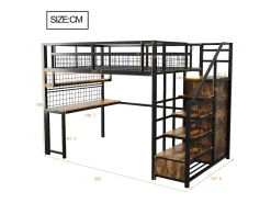 Cama alta de metal 140x200 cm - con iluminação LED e tomadas - com escada com armazenamento - com guarda-roupa - armazenamento e mesa - preto