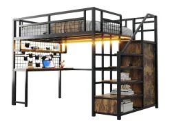 Cama alta de metal 140x200 cm - con iluminação LED e tomadas - com escada com armazenamento - com guarda-roupa - armazenamento e mesa - preto