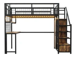 Cama alta de metal 140x200 cm - con iluminação LED e tomadas - com escada com armazenamento - com guarda-roupa - armazenamento e mesa - preto