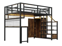 Cama alta de metal 140x200 cm - con iluminação LED e tomadas - com escada com armazenamento - com guarda-roupa - armazenamento e mesa - preto