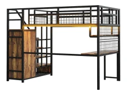 Cama alta de metal 140x200 cm - con iluminação LED e tomadas - com escada com armazenamento - com guarda-roupa - armazenamento e mesa - preto