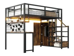 Cama alta de metal 140x200 cm - con iluminação LED e tomadas - com escada com armazenamento - com guarda-roupa - armazenamento e mesa - preto
