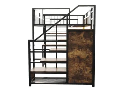 Cama alta de metal 140x200 cm - con iluminação LED e tomadas - com escada com armazenamento - com guarda-roupa - armazenamento e mesa - preto