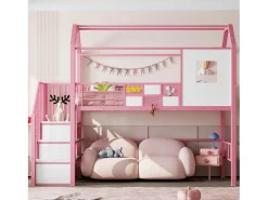 Cama alta de metal 90x200 cm - Com escada com armazenamento - Com barras de segurança - Design de telhado - Rosa