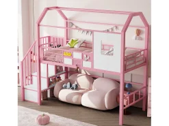 Cama alta de metal 90x200 cm - Com escada com armazenamento - Com barras de segurança - Design de telhado - Rosa